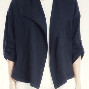 NWT Max Studio open front stretch jacket roll tab sleeves pockets navy blue M
